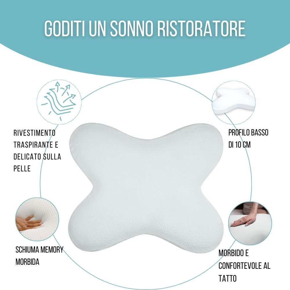 Cuscino bianco a farfalla. Caratteristiche: memory foam, fodera rimovibile. Design ergonomico.