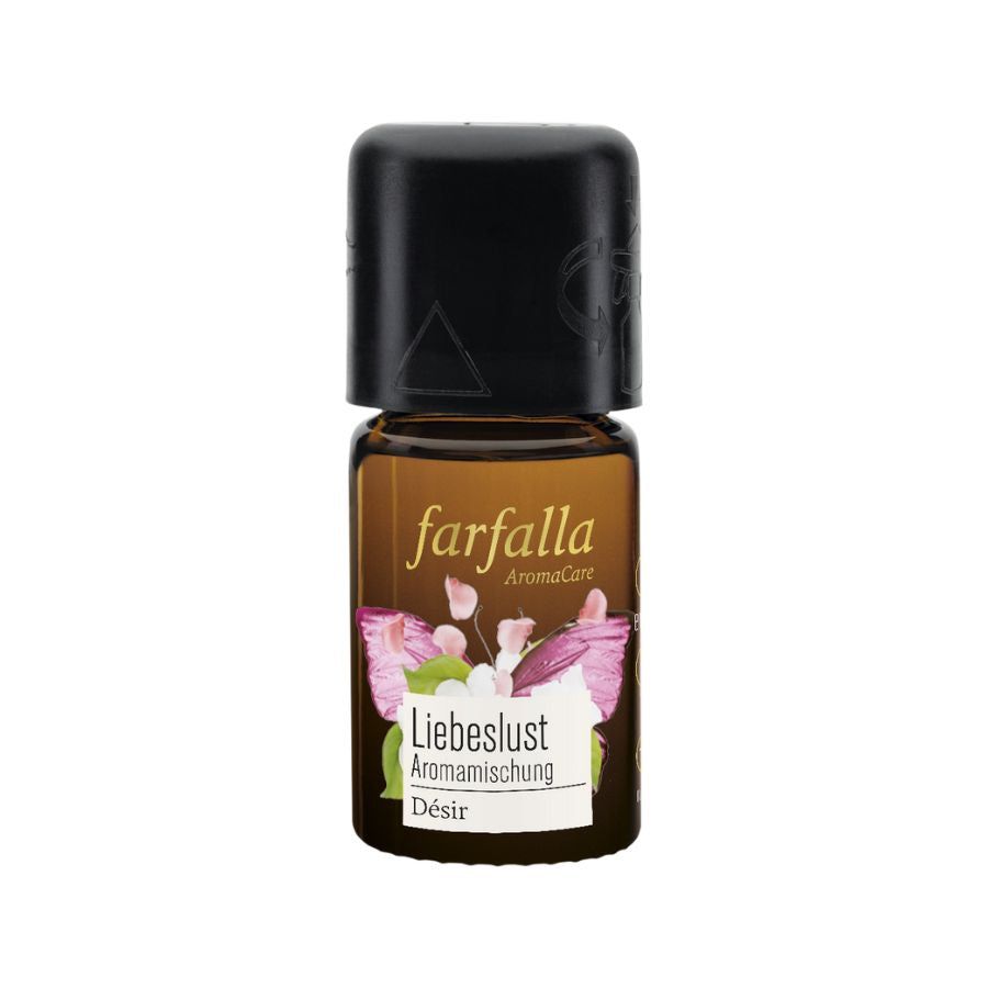 Braune Glasflasche mit schwarzem Deckel. Aufschrift: Farfalla Aromamour, Liebeslust Aromamischung Bio, Désir.