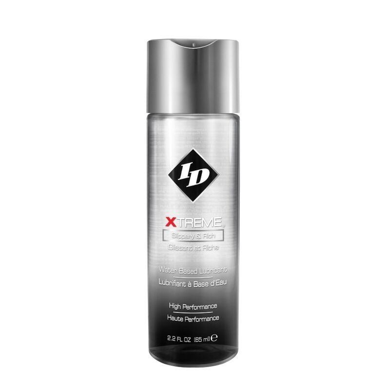Zylindrische Flasche mit silbernem Deckel. Aufschrift "ID XTREME". Wasserbasiertes Gleitmittel. 65ml.