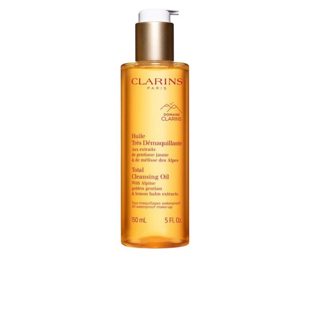 Clarins Total Cleansing Oil. Gelbe Flasche mit goldfarbenem Deckel. Text: Total Cleansing Oil, Anti-Pollution, 150 ml.