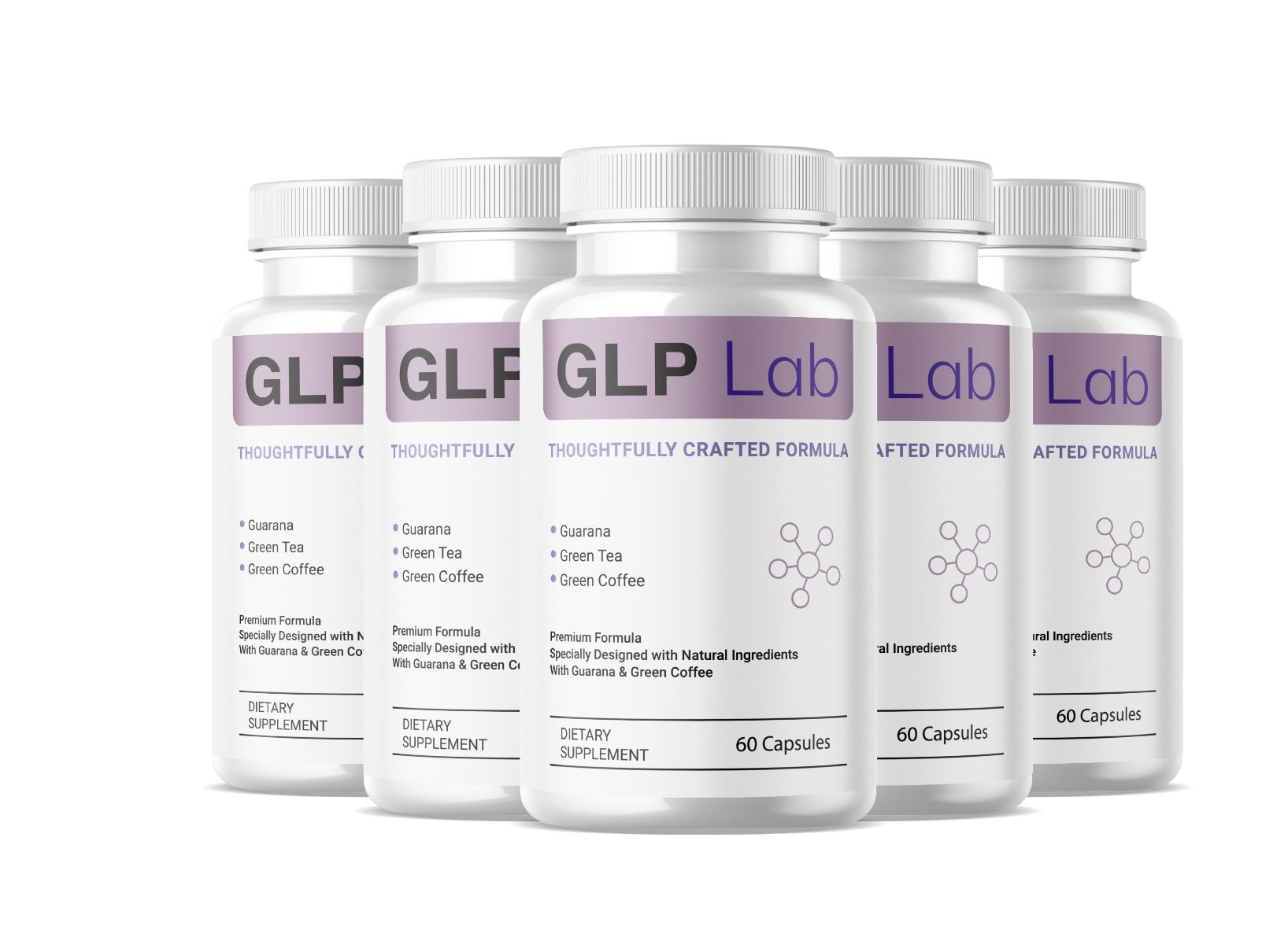 Fünf weiße Flaschen mit lila Etiketten. Aufschrift: GLP Lab, 60 Kapseln. Enthält Guarana, Grüner Tee, Grüner Kaffee.