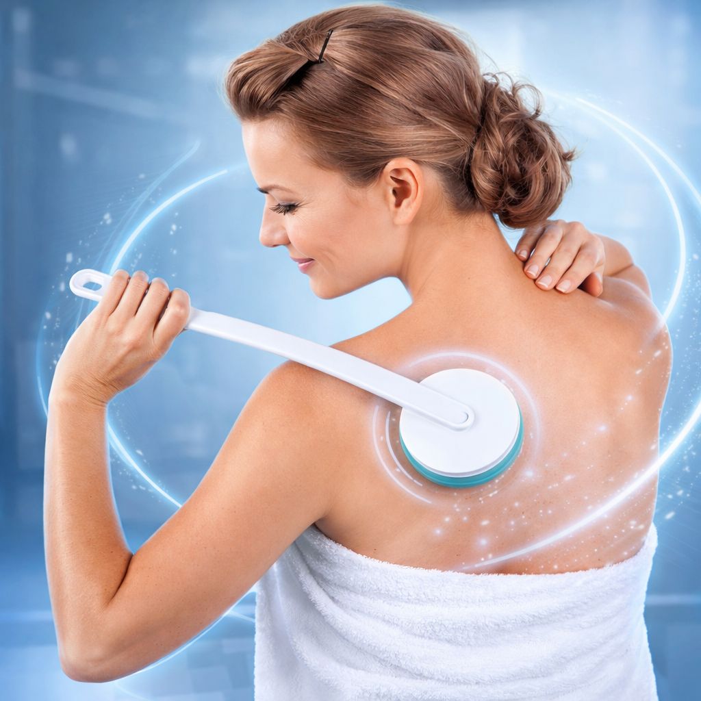 Frau mit weißem Handtuch benutzt einen weißen Massagehelfer auf ihrem Rücken. Der Massagekopf ist rund und hat einen türkis-weißen Rand.