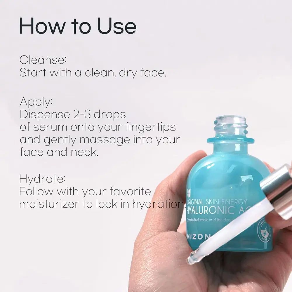 Hand hält eine hellblaue Flasche mit Pipette. Text: Anwendung. Marke: Mizon. Anweisungen: Reinigen, auftragen, befeuchten.