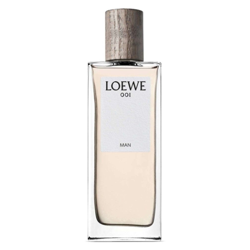 Loewe 001 Man Eau de Toilette Spray. Rechteckiger Glasflakon mit Holzdeckel. Weißes Etikett mit Logo und Produktbezeichnung.