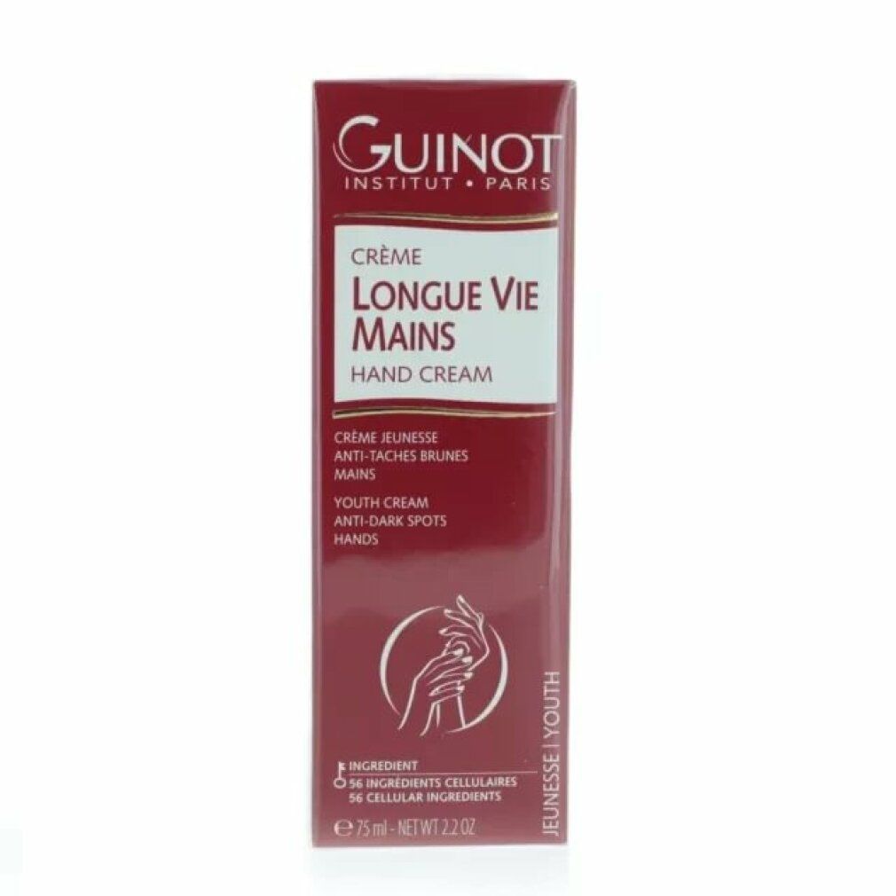Verpackung der Guinot Longue Vie Mains Handcreme. Rote Kartonschachtel mit Produktbild, Text und 75 ml Inhalt.