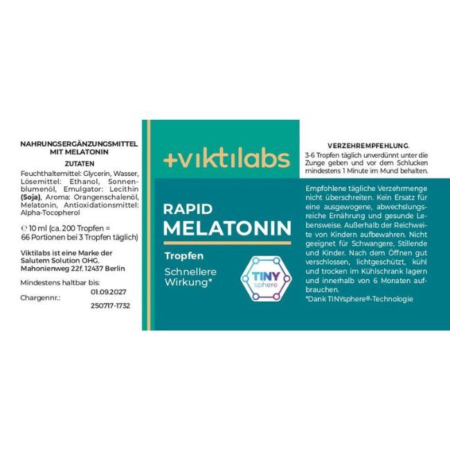 Etikett einer Flasche mit '+viktilabs' und 'Rapid Melatonin Tropfen'. Zutaten und Verzehrempfehlung.