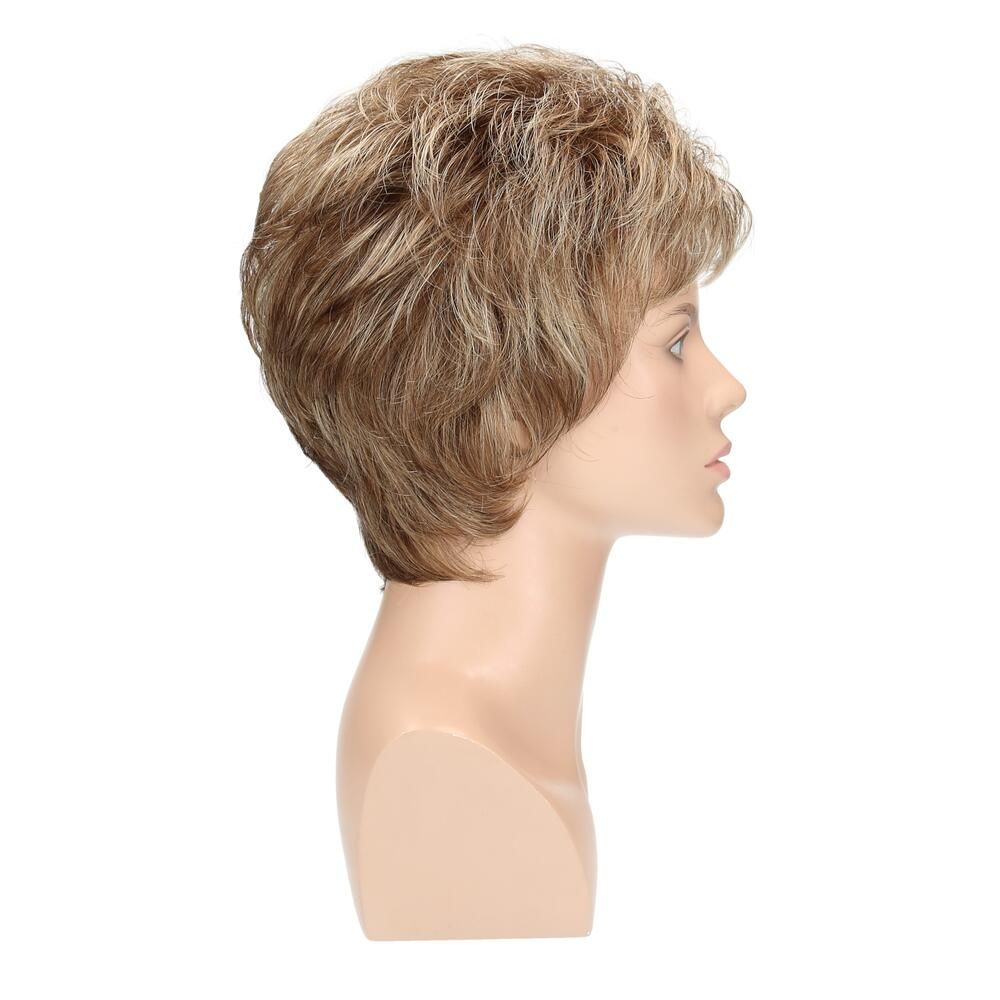 Perücke Peggy von Lofty in Dunkelasch-/Lichtblond gesträhnt, auf einem Schaufensterkopf, Seitenansicht.