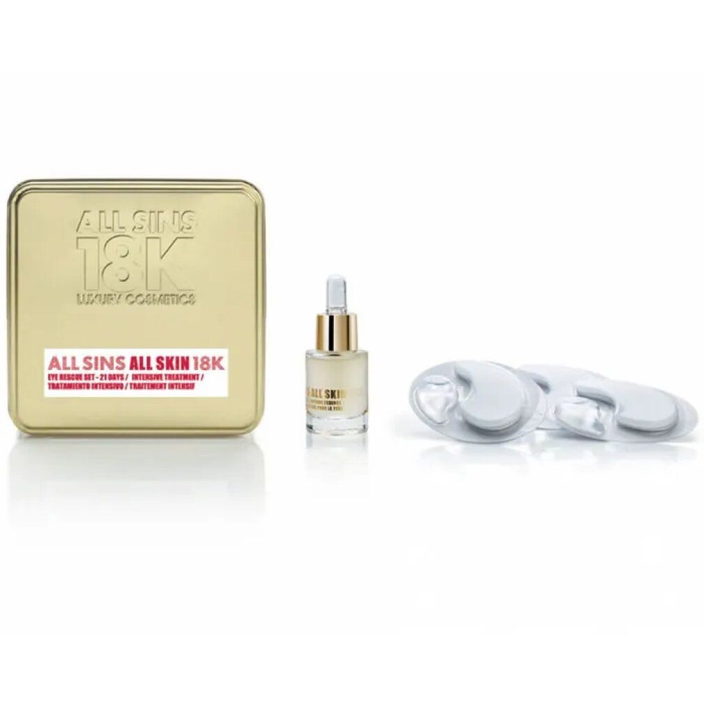 Goldene Box, Flasche mit Pipette, ovales Gerät. Text: ALL SINS 18K. Produktnamen auf der Box und Flasche. Weißes, ovales Gerät.