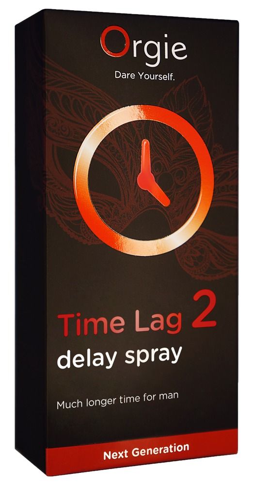 Schwarze Verpackung mit Produktnamen und Logo. Roter Kreis mit Uhr. Text: Time Lag 2 delay spray. Viel längere Zeit für den Mann.