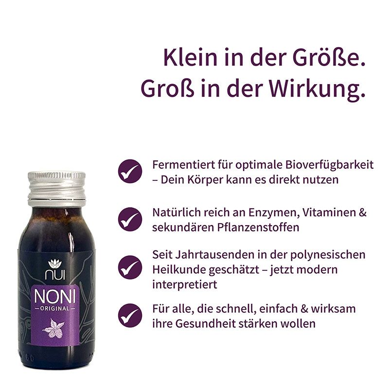 NUI NONI Flasche neben Text. Beschreibt Vorteile: fermentiert, reich an Enzymen, seit Jahrhunderten geschätzt, für Gesundheit.