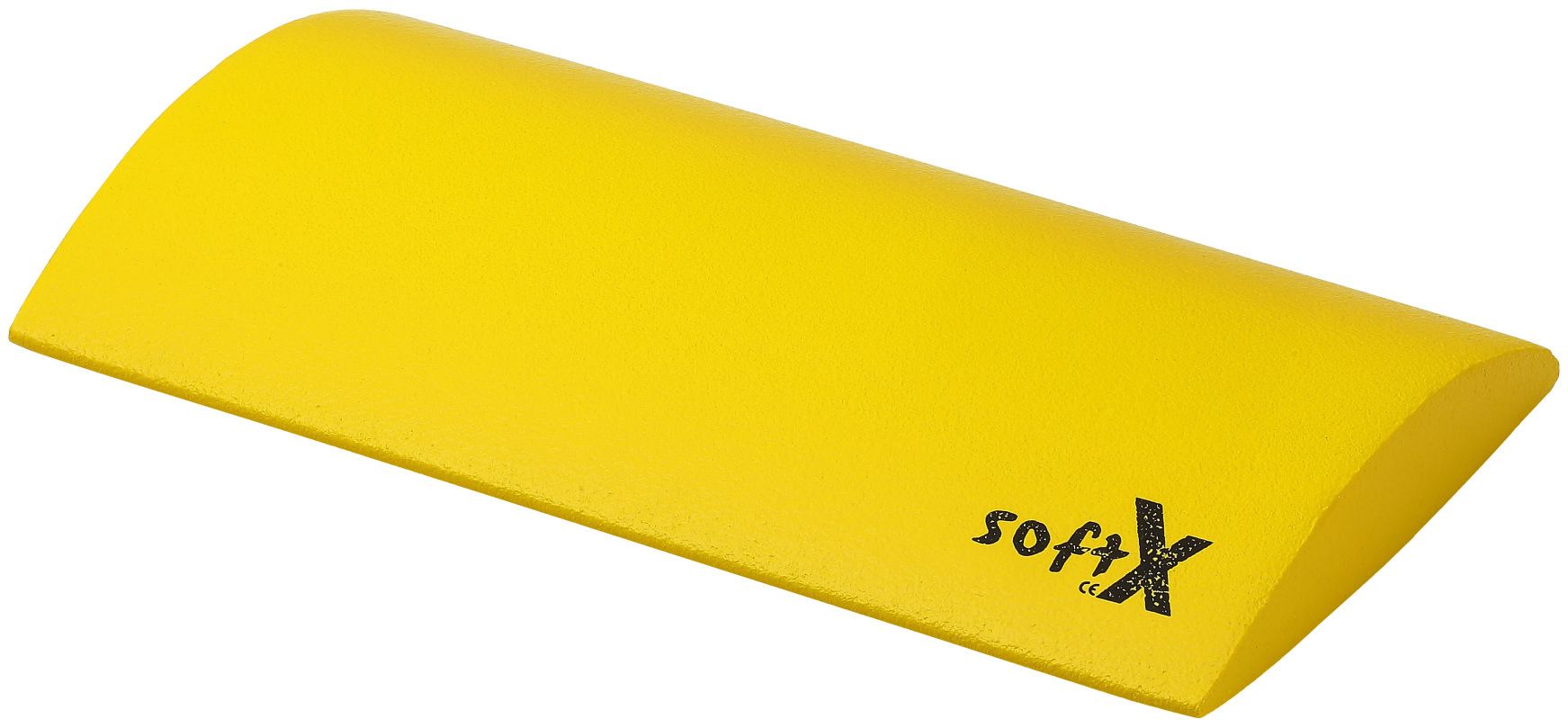 Gelbes Lordosekissen. Abgerundete Form. Aufschrift "softX".