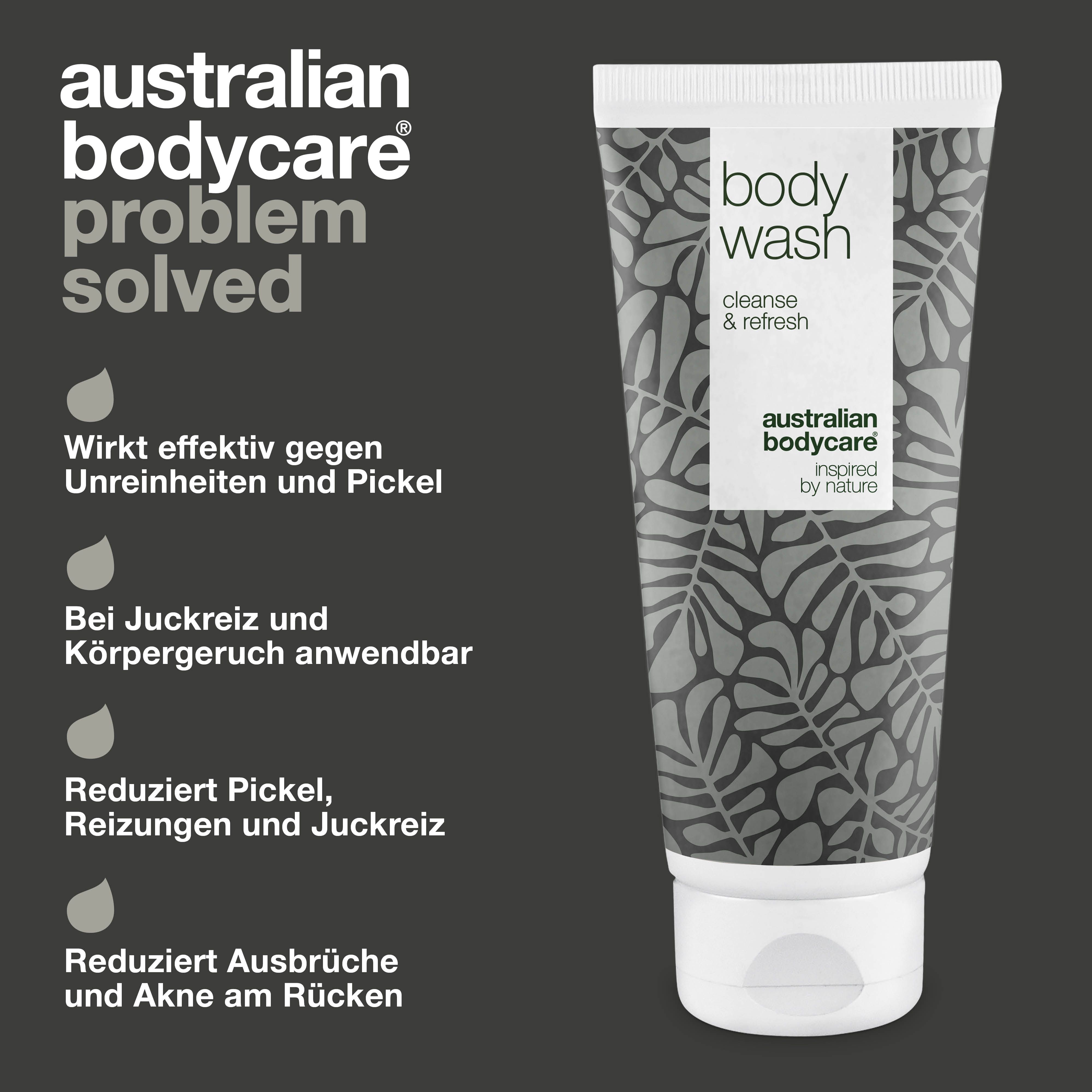 Duschgel-Tube und Text. Aufschrift: Body Wash, cleanse & refresh. Marke: Australian Bodycare.