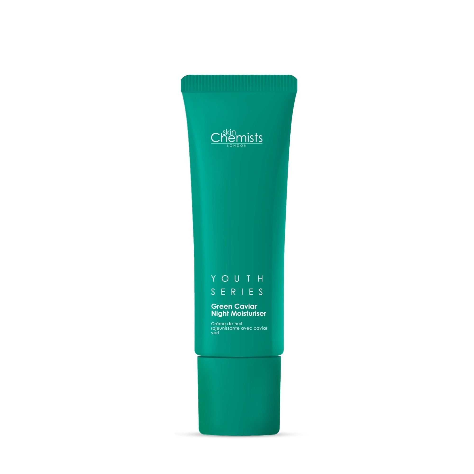 Grüne Tube mit weißer Schrift. Aufschrift: SkinChemists, Youth Series, Green Caviar Night Moisturiser.