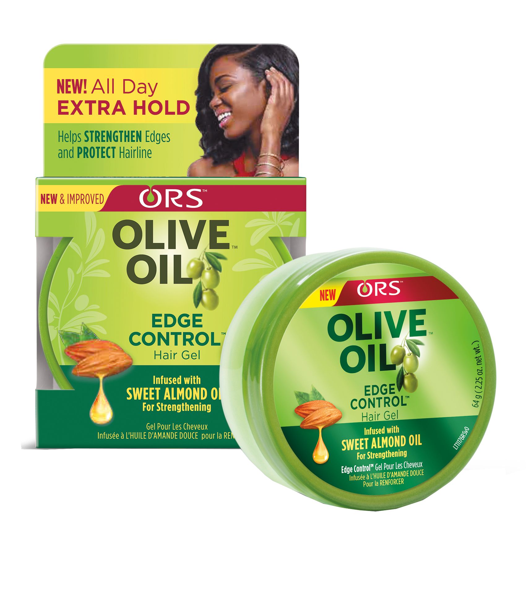 Grünes Haargel-Behälter mit Etikett. Aufschrift: ORS Olive Oil Edge Control Hair Gel. Enthält Mandelöl. Verpackung mit Produktabbildung.