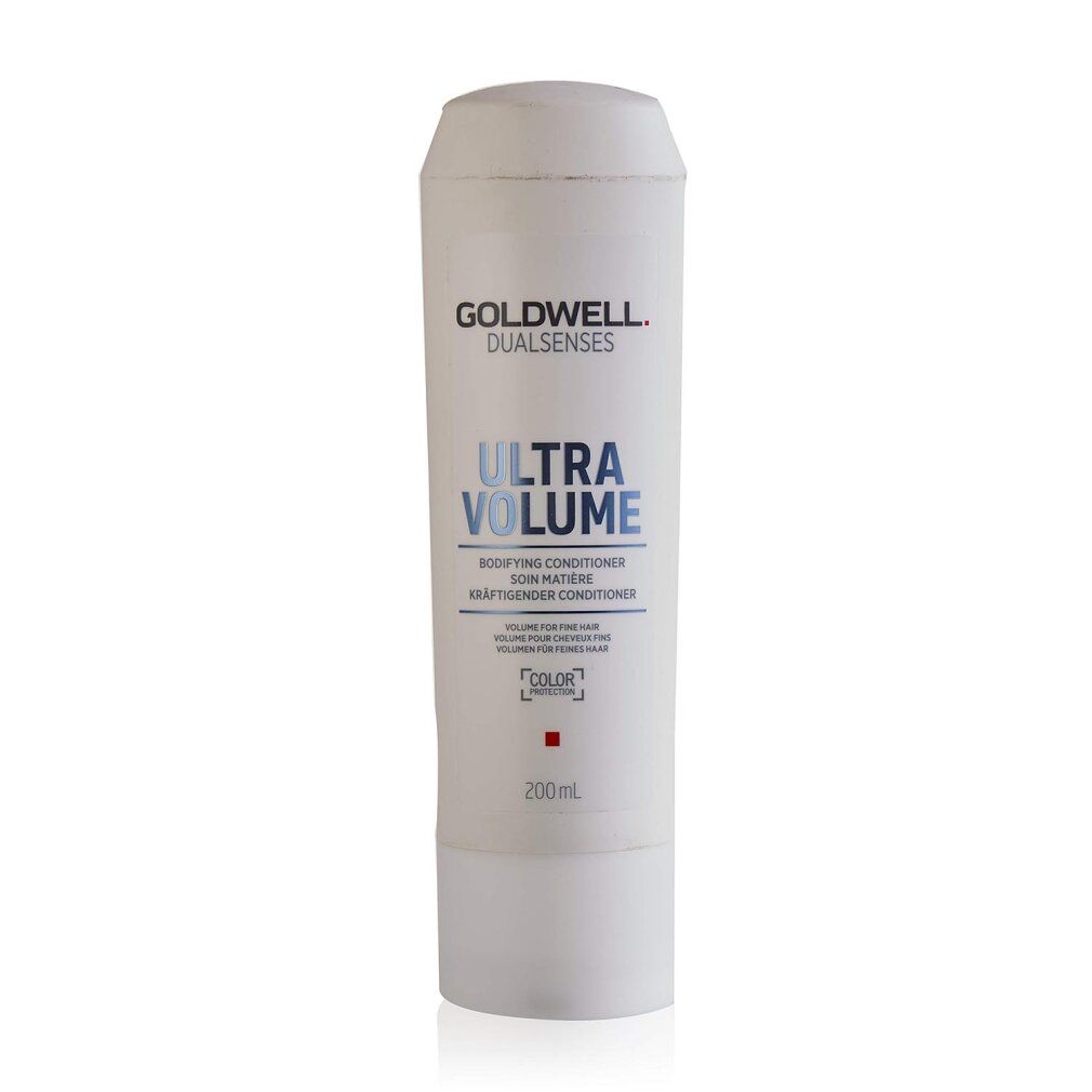 Goldwell Dual Senses Ultra Volume Conditioner. Weiße Flasche mit blauer Schrift. Text: Ultra Volume, kräftigender Conditioner. 200 ml.