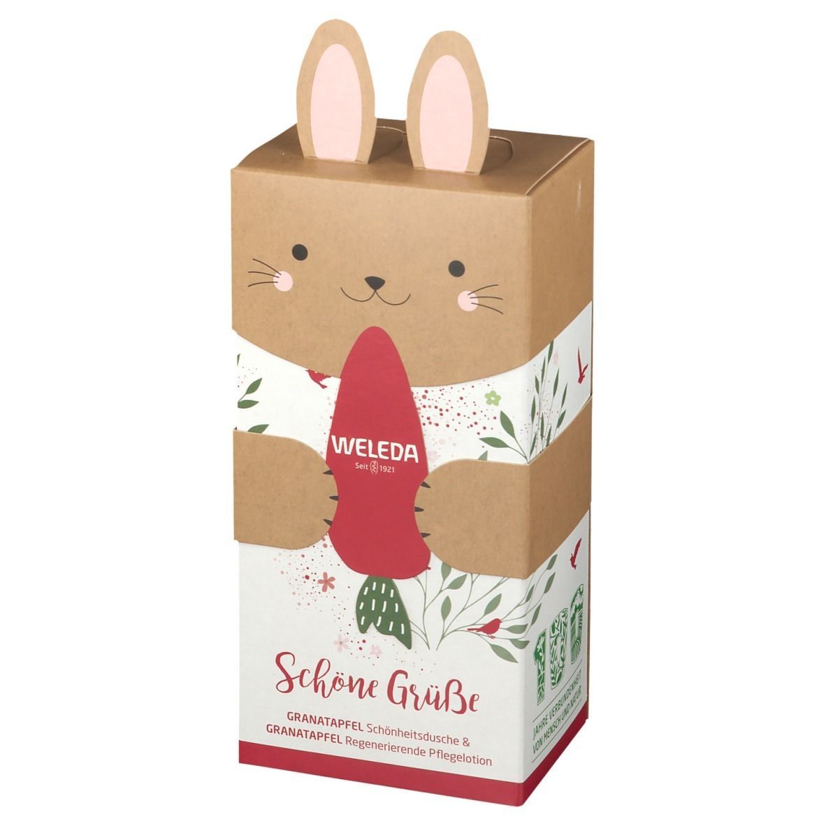 Kartonverpackung mit Hasenmotiv. Enthält WELEDA-Produkte. Aufschrift: Schöne Grüße, Granatapfel.