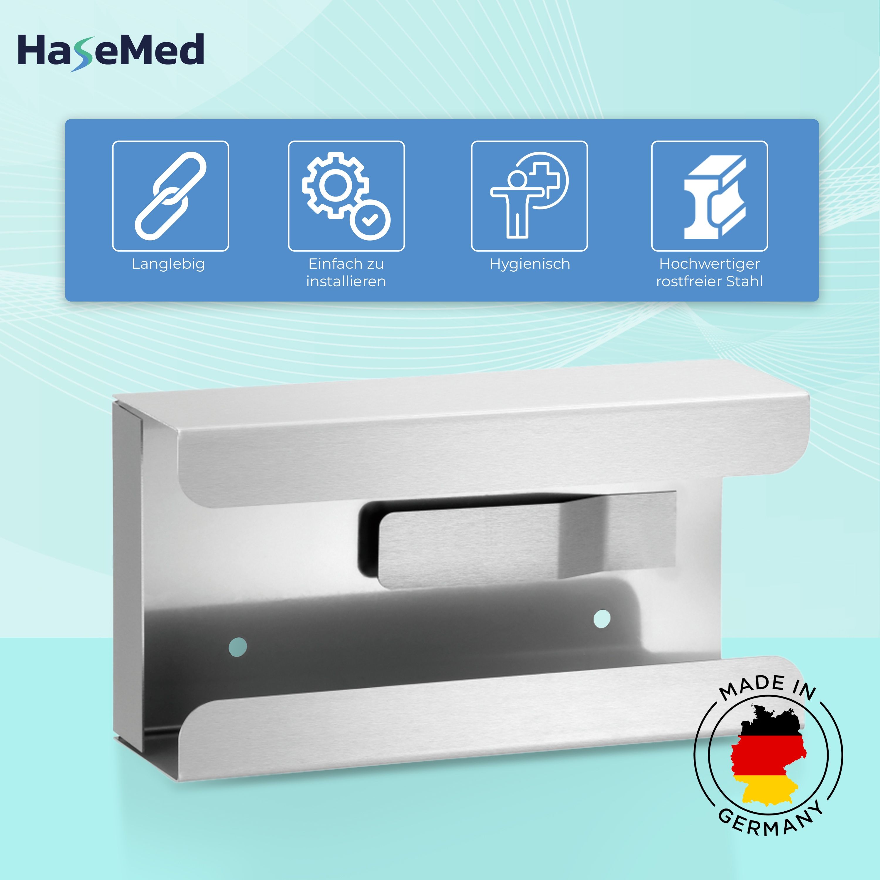 HaseMed Edelstahl-Halterung für Handschuhbox. Merkmale: langlebig, einfach zu installieren, hygienisch, rostfreier Stahl. Made in Germany.