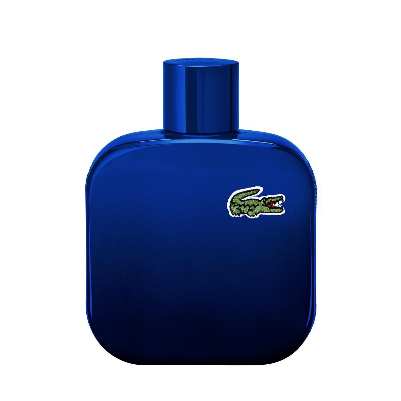 Blaues Parfümflakon mit grünem Krokodil-Logo. Flakon mit abgerundeten Ecken und blauem Verschluss.