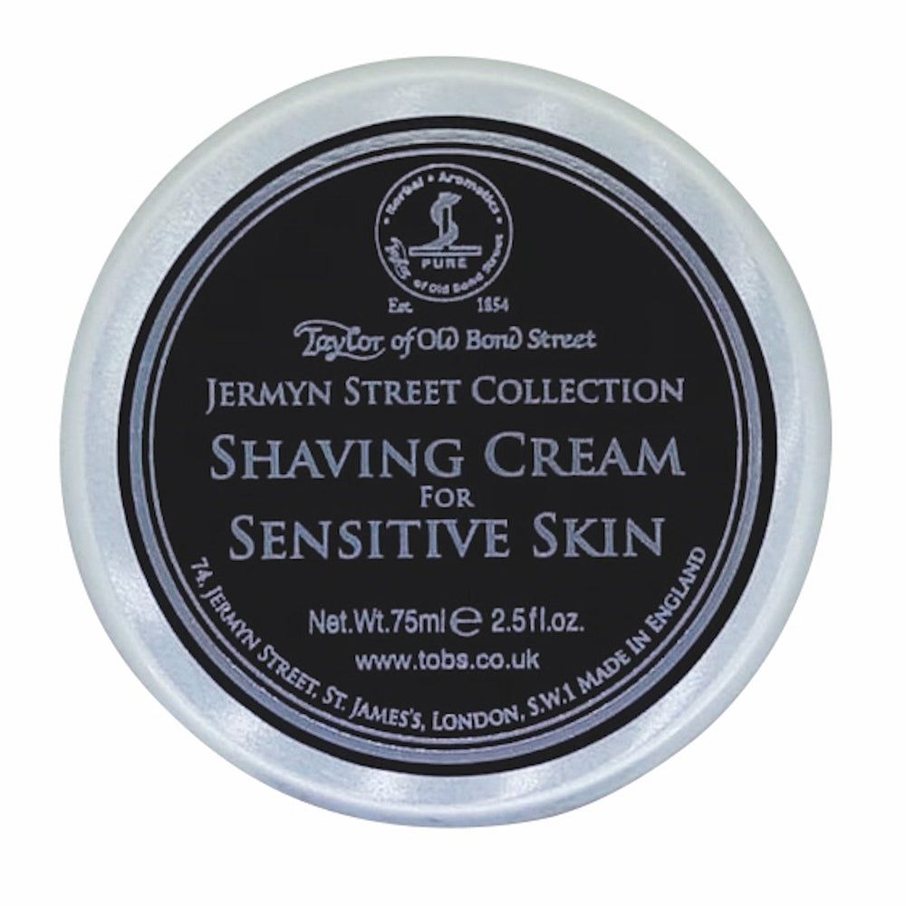 Taylor of Old Bond Street Rasiercreme für empfindliche Haut in silberner Dose.