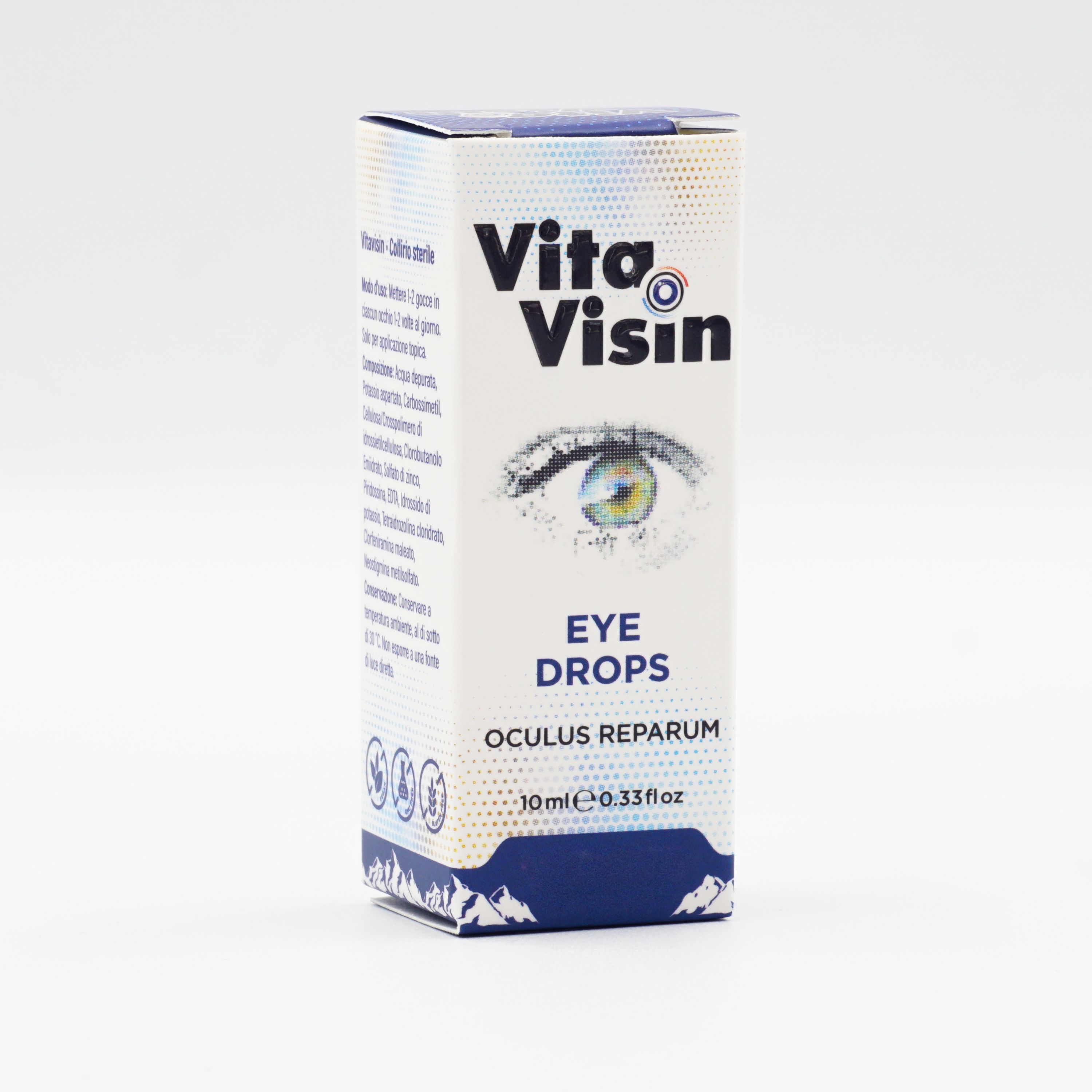 Confezione di gocce oculari Vita Visin. Testo: Eye Drops, Oculus Repararum. 10 ml.