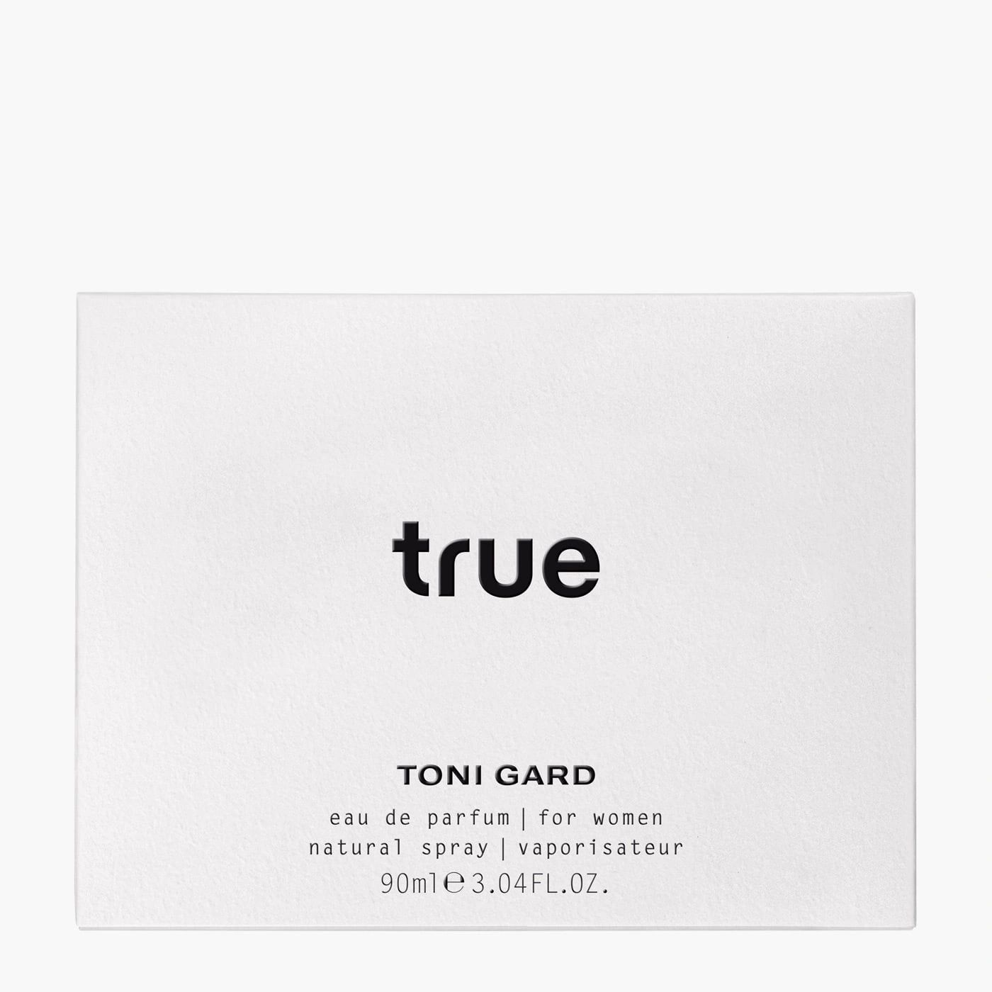 Weiße rechteckige Verpackung. Oben steht "true" in Schwarz. Darunter "TONI GARD" und Produktinformationen.