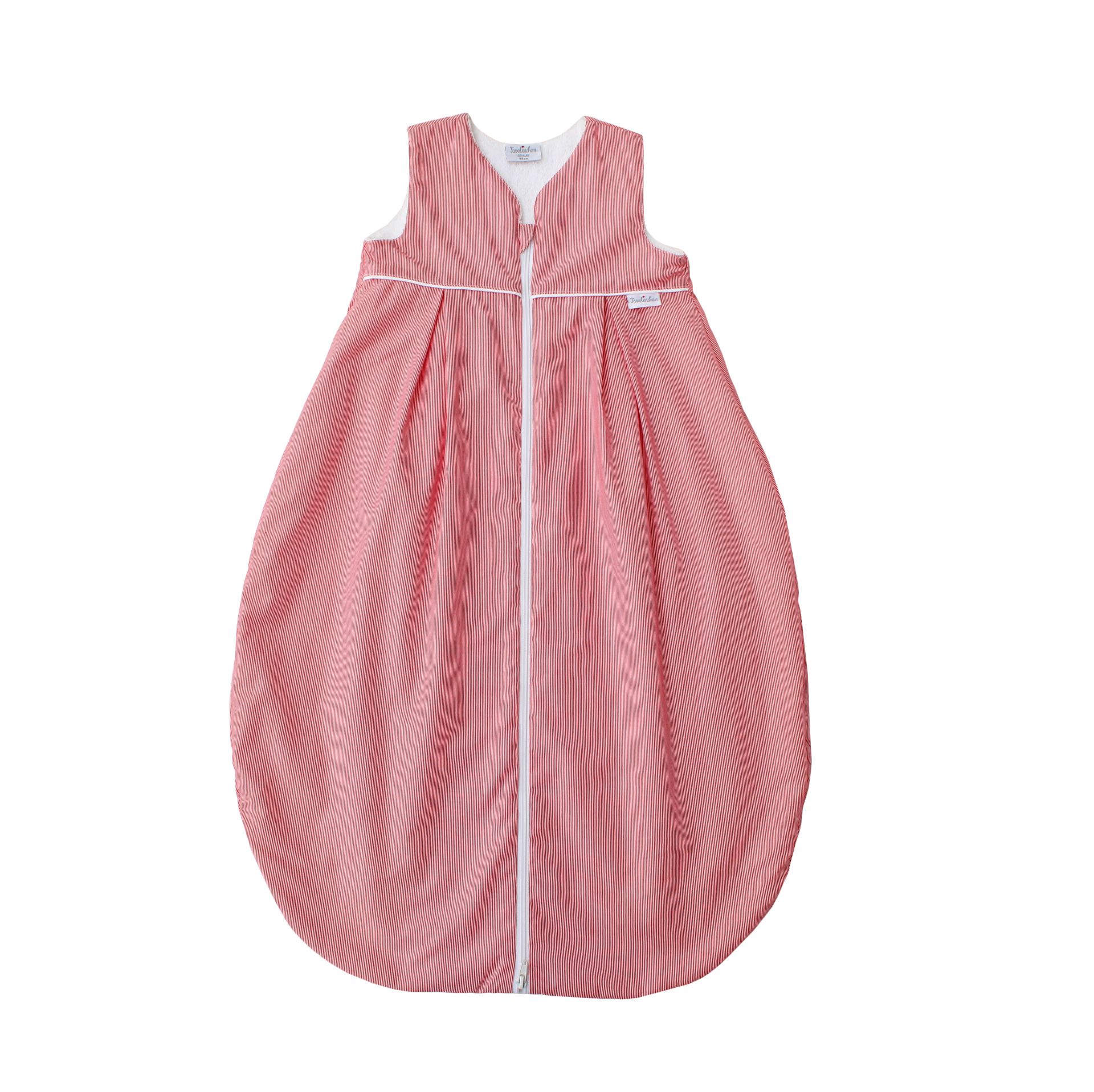 Schlafsack mit roten Streifen und weißem Reißverschluss. Label mit Schriftzug. Baumwollstoff.