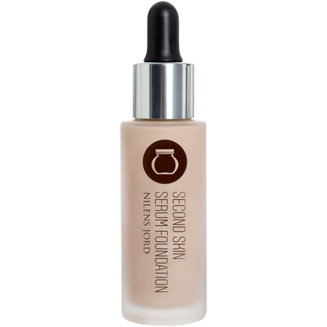 Nilens Jord Second Skin Serum Foundation. Flasche mit Pipette. Logo und Schriftzug.