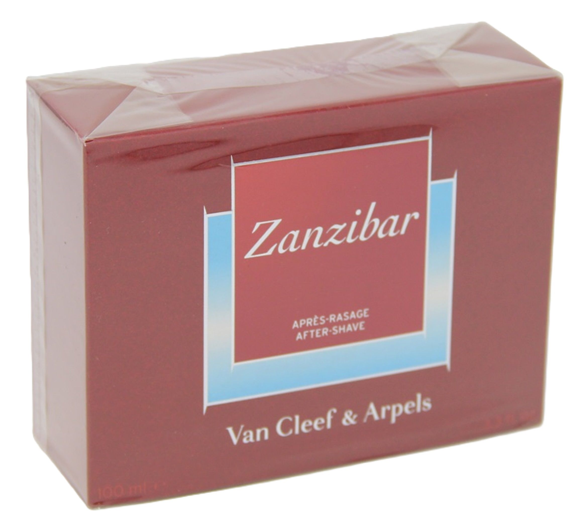 Verpackung von Van Cleef & Arpels Zanzibar After Shave. Rechteckige, bordeauxrote Schachtel mit weißem Text und Logo. In Folie verpackt.