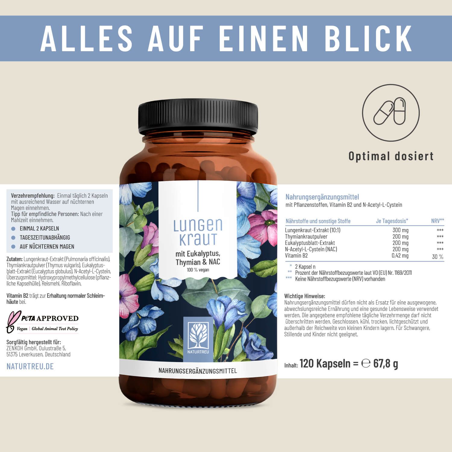 Flasche Lungenkraut Komplex mit Nährwertangaben und PETA Approved Logo.