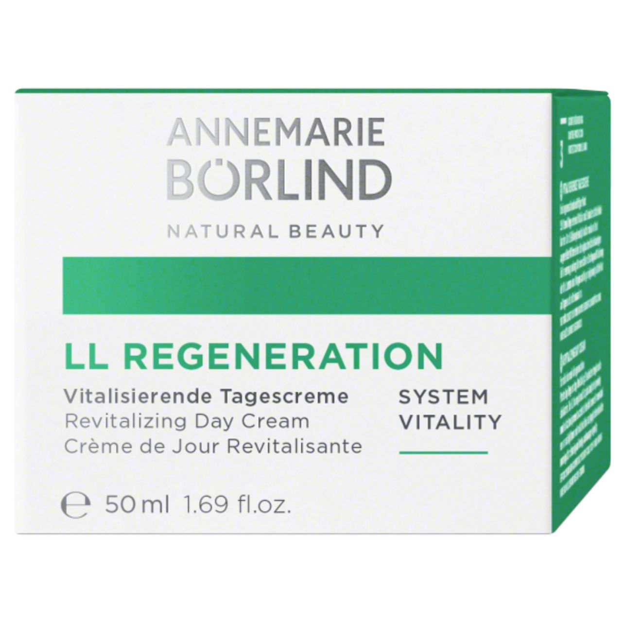 Weiße Verpackung mit grünen Akzenten. Aufschrift: ANNEMARIE BÖRLIND, LL REGENERATION, Vitalisierende Tagescreme. 50 ml.