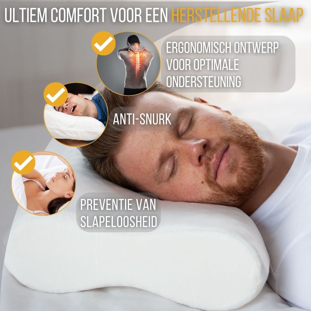 Man slaapt op kussen. Tekst: Ergonomisch ontwerp, anti-snurk, voorkomt slapeloosheid.