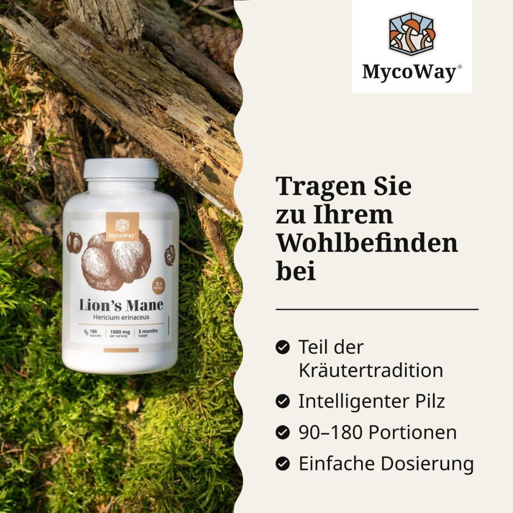 Flasche mit Lion's Mane auf Moos. Text: Tragen Sie zu Ihrem Wohlbefinden bei. Marke: MycoWay.