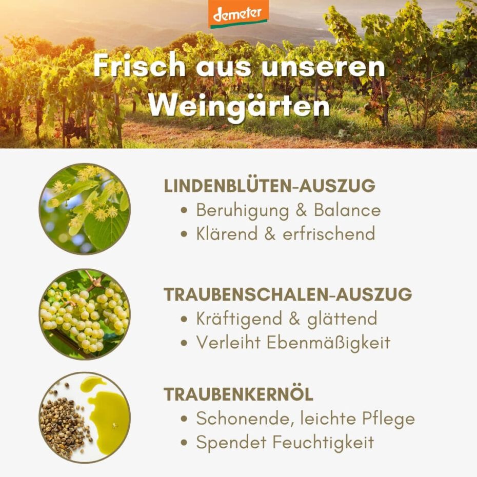 Drei Kreise mit Abbildungen von Lindenblüten, Traubenschalen und Traubenkernöl. Text in deutscher Sprache.