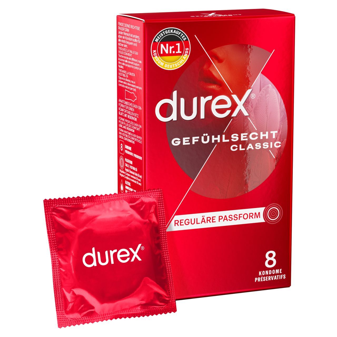 Durex Gefühlsecht Classic Kondom-Packung (8 Stück) mit einzeln verpacktem Kondom.