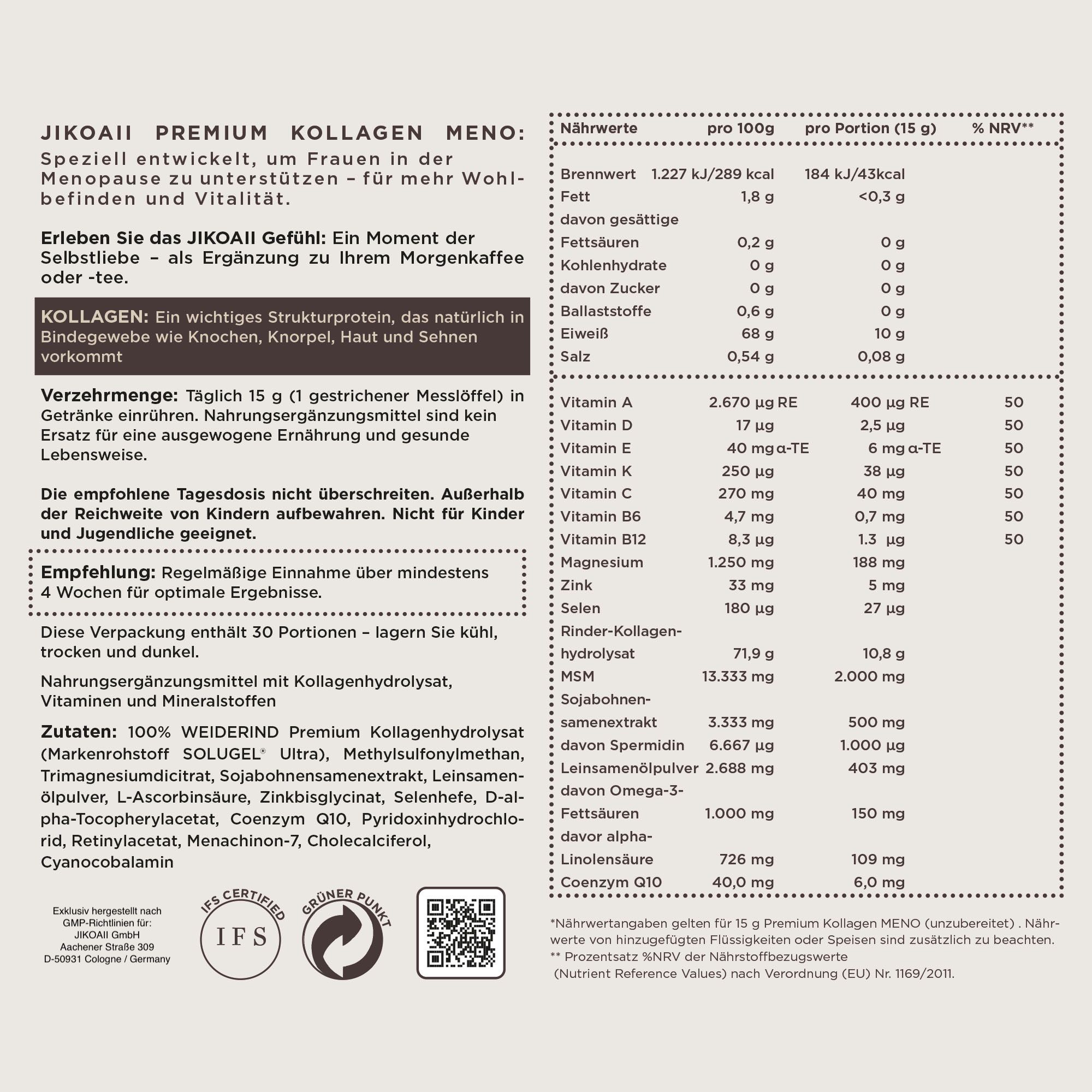 JIKOAII Kollagenpulver MENO - Kollagen mit Coenzym Q10, Zink, Spermidin & MSM - Menopausekomplex