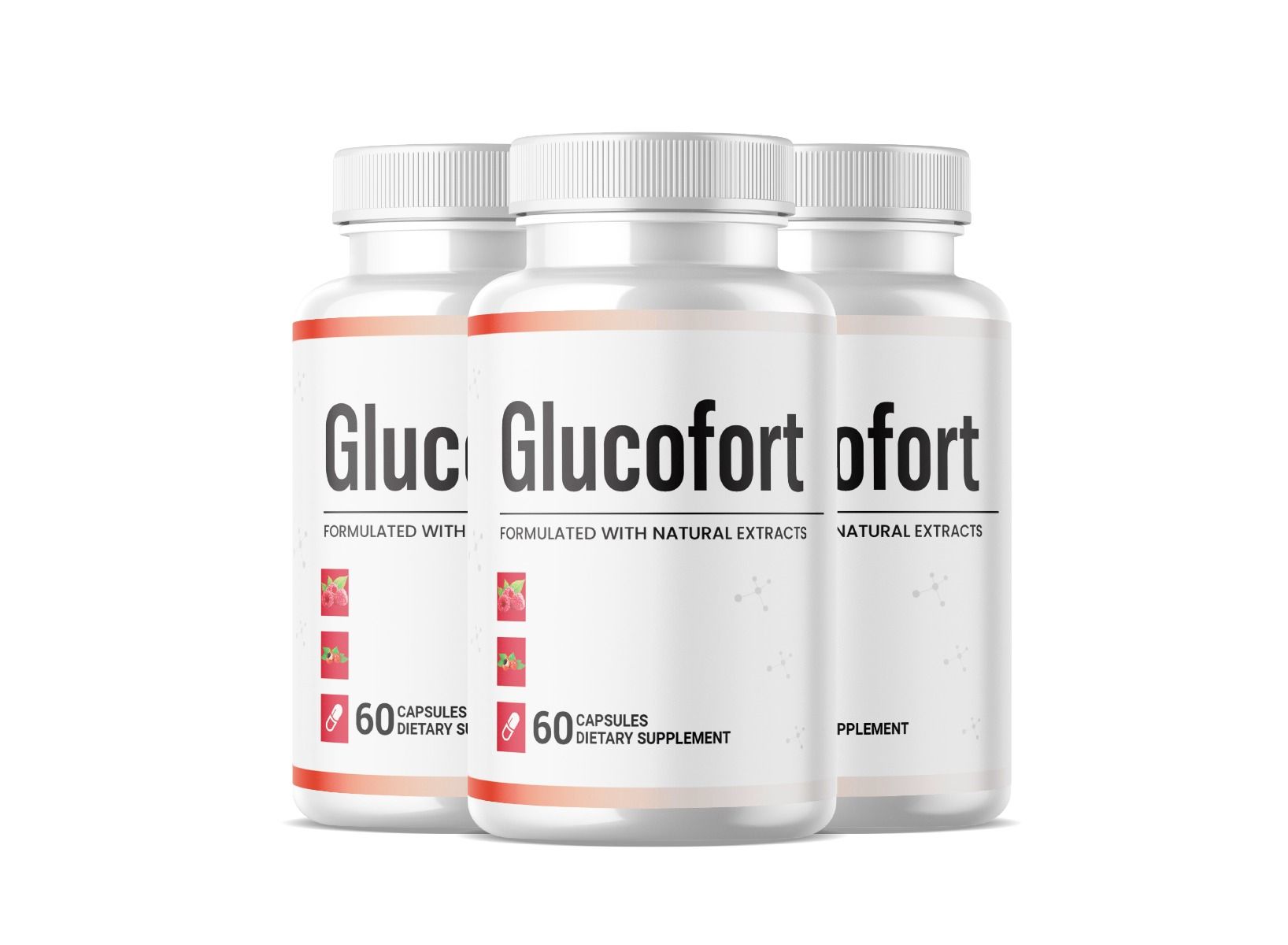 Drei weiße Flaschen Glucofort. Jede enthält 60 Kapseln. Aufschrift: Formuliert mit natürlichen Extrakten.