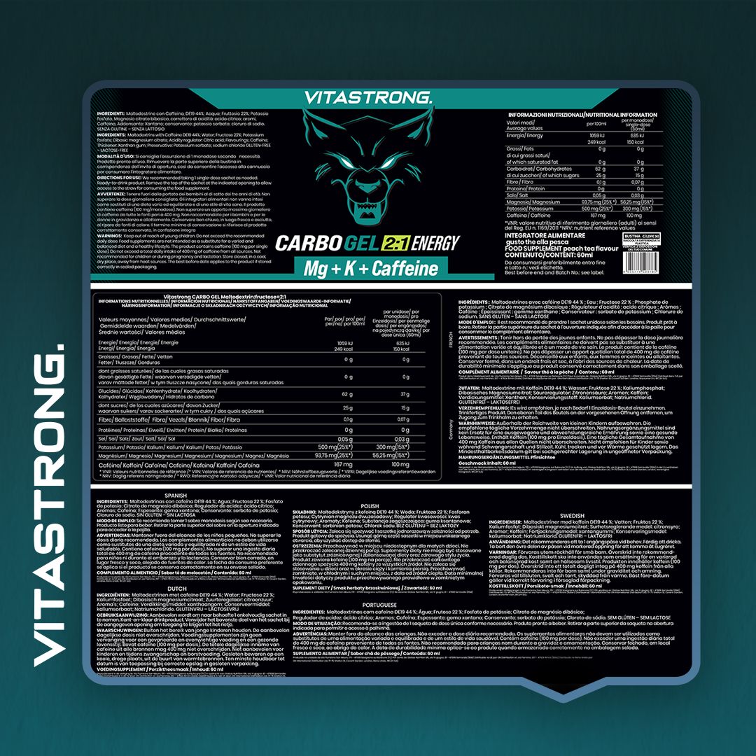 Vitastrong Carbo Gel 2:1 + Koffein. Produktinformationen auf Verpackung. Text: Carbo Gel 2:1, Mg + K + Koffein, Energie. Nährwertangaben.