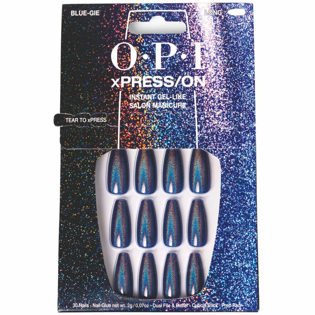 OPI XPRESS/ON künstliche Nägel, blau. 12 ovale Nägel in einer weißen Halterung, verpackt in einer Blisterkarte mit Markenlogo.