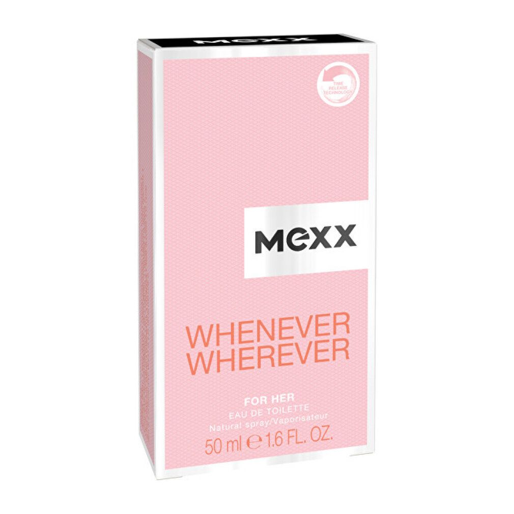 Rosa Schachtel mit weißem Rahmen. Aufschrift: MEXX, Whenever Wherever, For Her. Eau de Toilette. 50 ml.