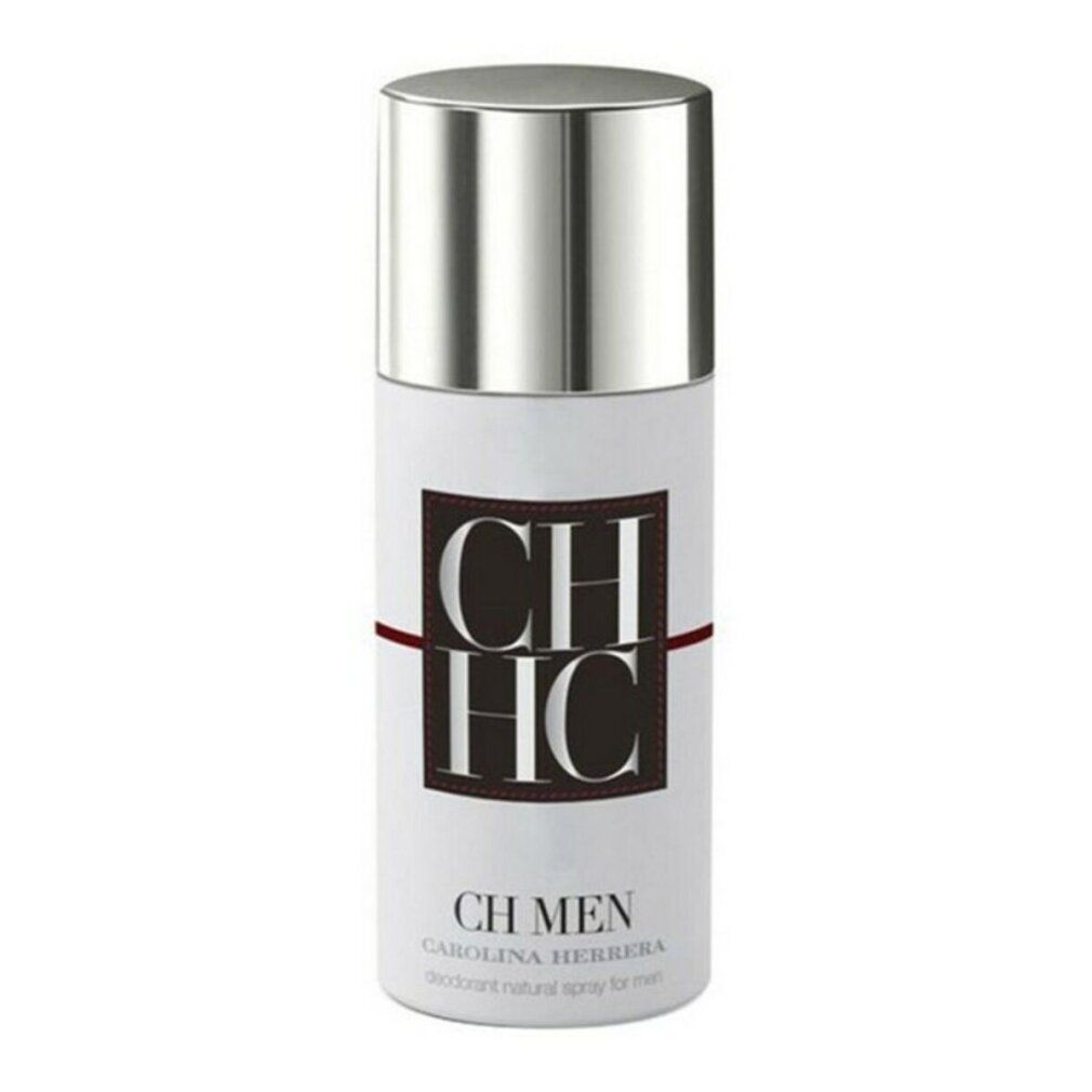 Deodorant-Spray CH Men von Carolina Herrera. Weißes Gehäuse, silberner Deckel. Logo CH HC in braun. Roter Streifen. Schriftzug CH MEN.