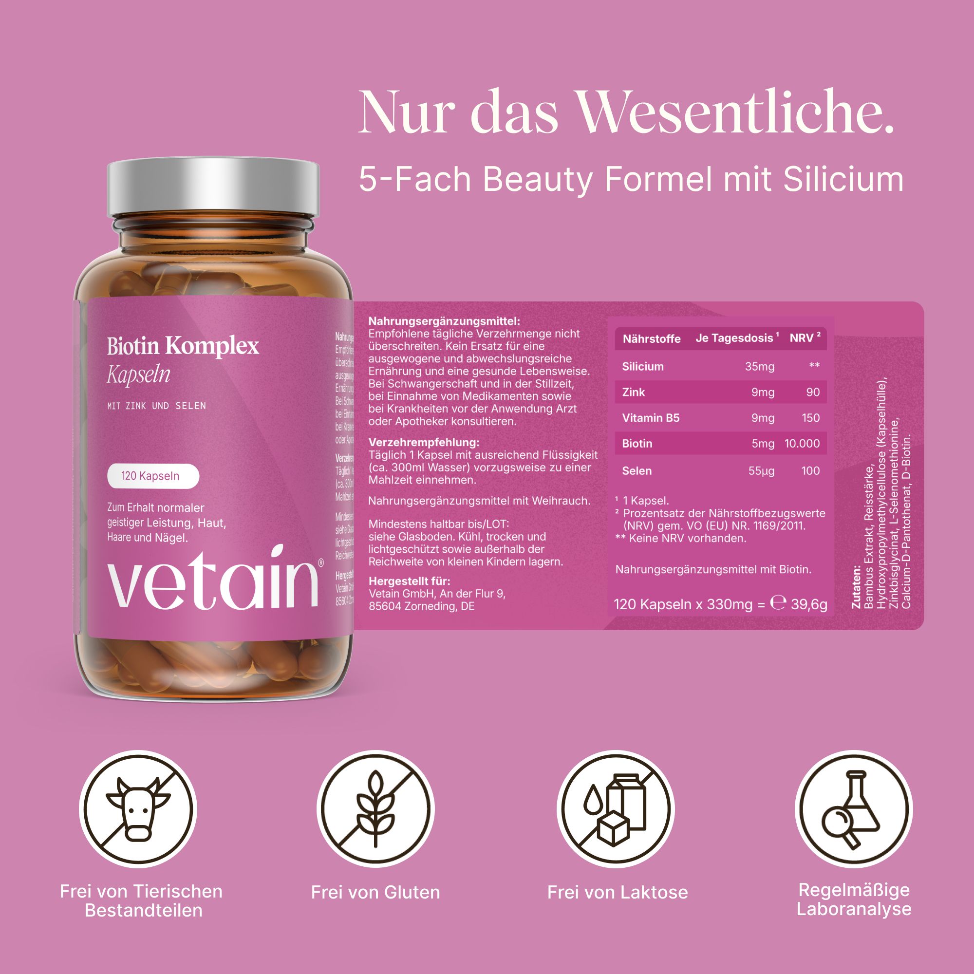 VETAIN Biotin Zink Selen Komplex - Mit Silizium & Vitamin B5 - Für Haare, Haut & Nägel - hochdosiert
