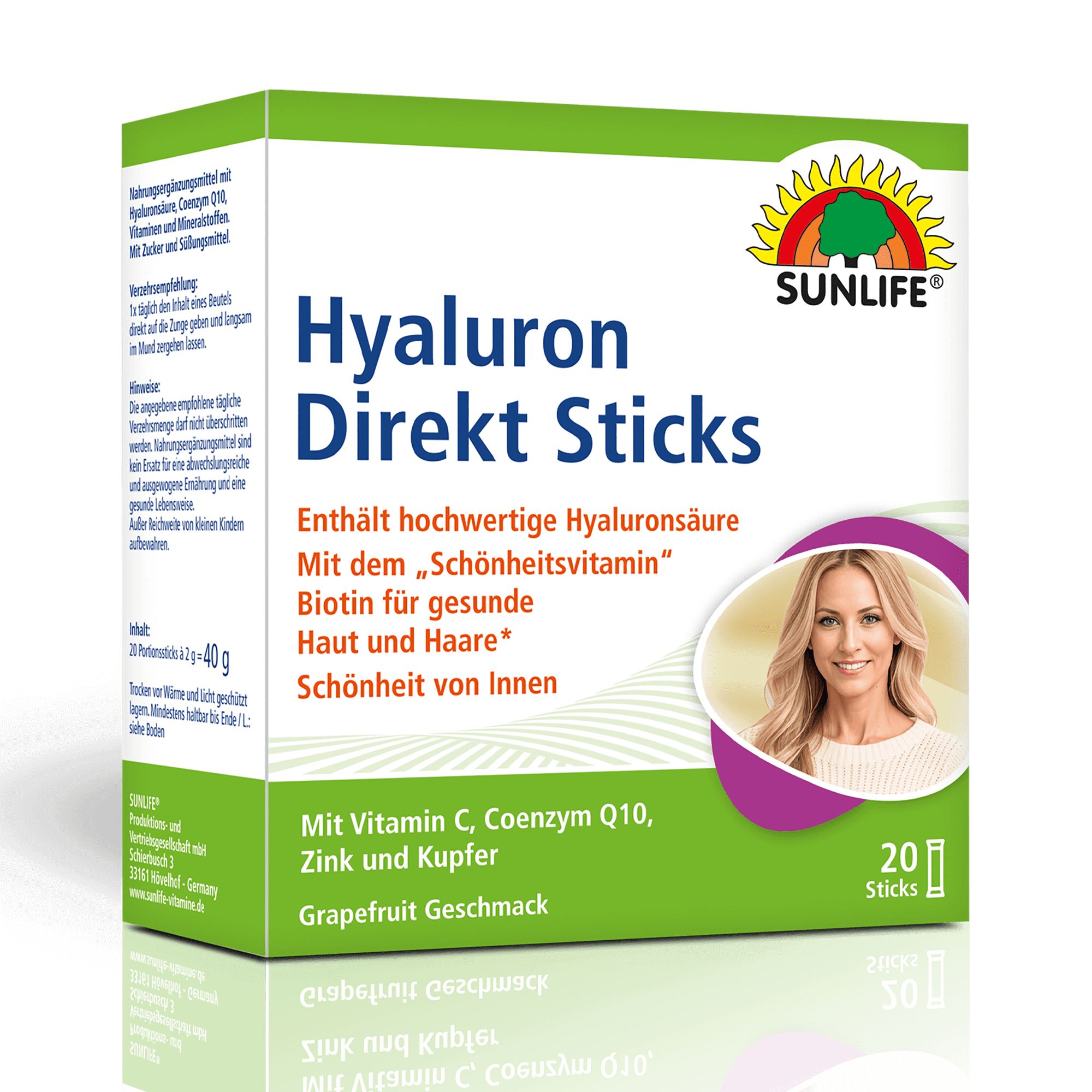 Grüne Schachtel SUNLIFE® Hyaluron Direkt Sticks. Enthält 20 Sticks. Produktname, Frauengesicht und Inhaltsstoffe sind aufgedruckt.