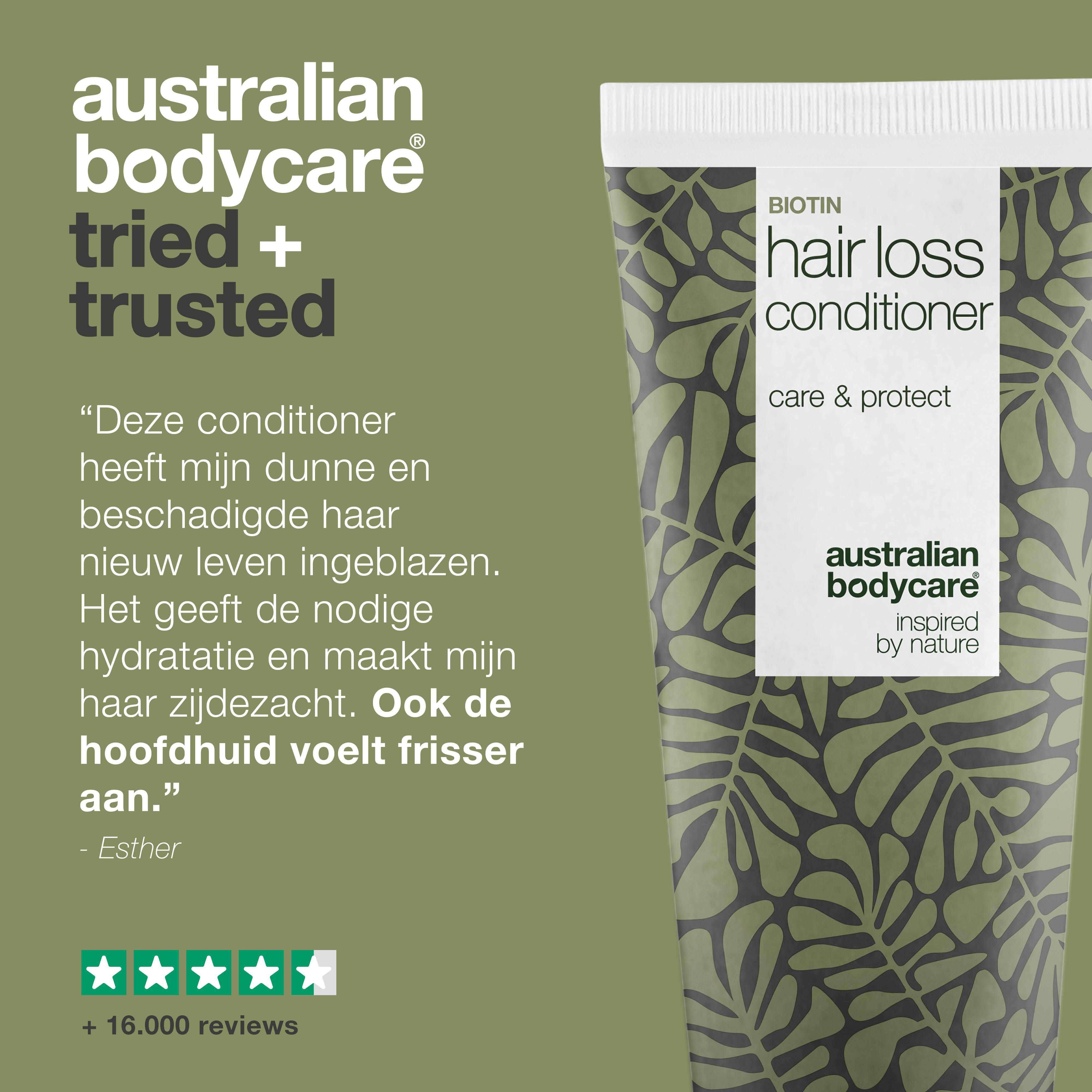 Tube haaruitval conditioner. Tekst: Hair loss conditioner, Australian Bodycare, Citaat en sterrenbeoordeling.