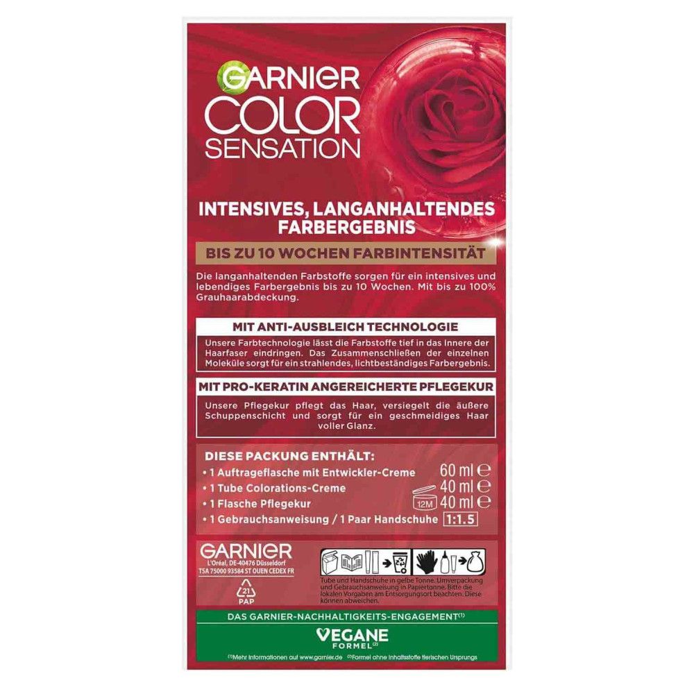 Verpackung von Garnier Color Sensation. Enthält: Auftrageflasche, Colorations-Creme, Pflegekur, Gebrauchsanweisung, Handschuhe. Vegan.