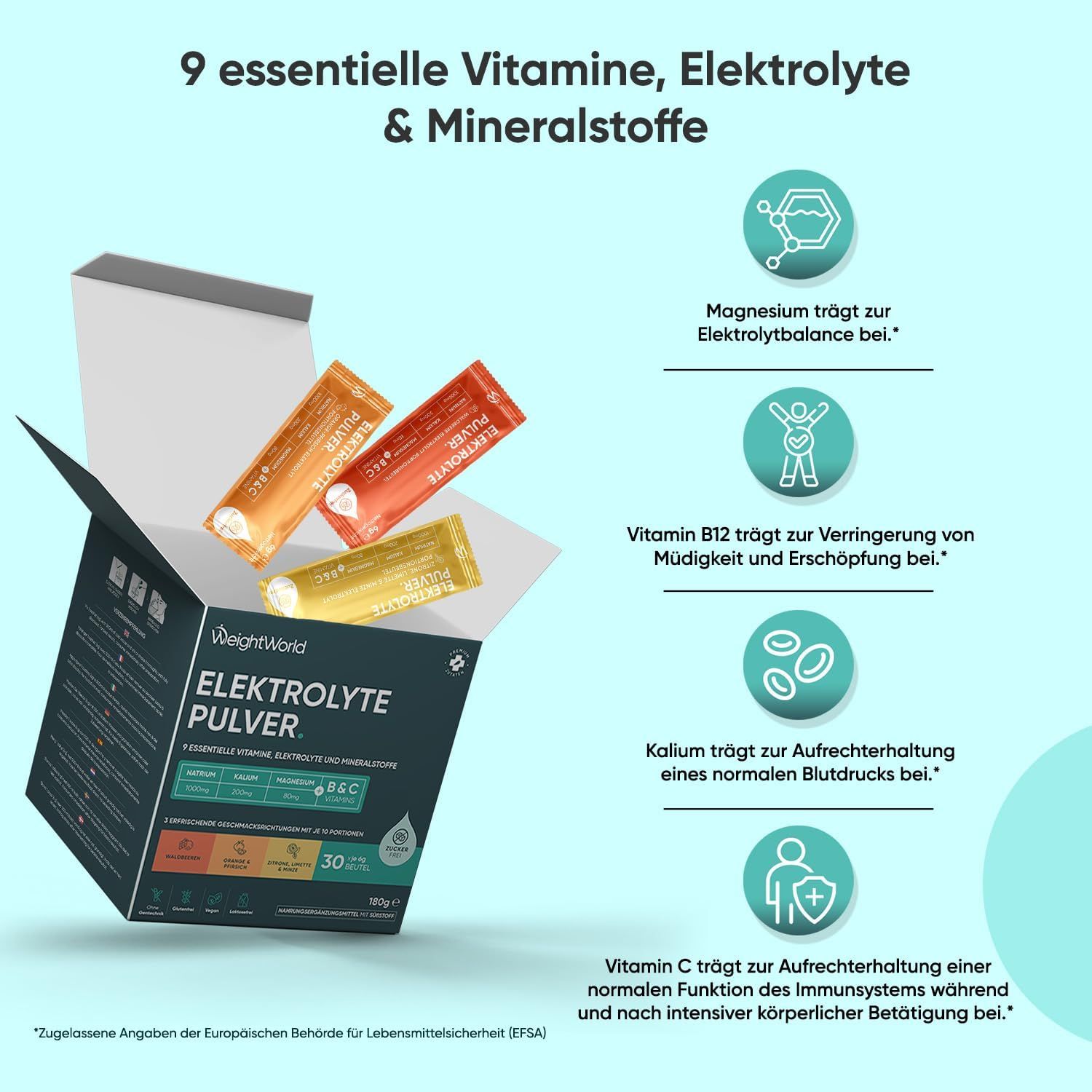 Geöffnete Schachtel mit 3 Beuteln WeightWorld Elektrolyte Pulver. Enthält 9 essentielle Vitamine, Elektrolyte und Mineralstoffe. Mit Informationen.