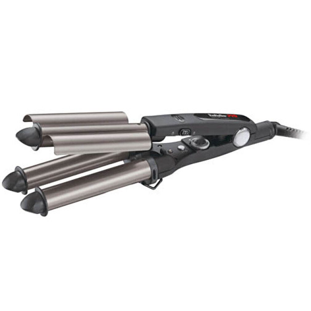 Welleneisen mit drei Heizplatten. Schwarzer Griff, silberne Platten. Marke Babyliss.