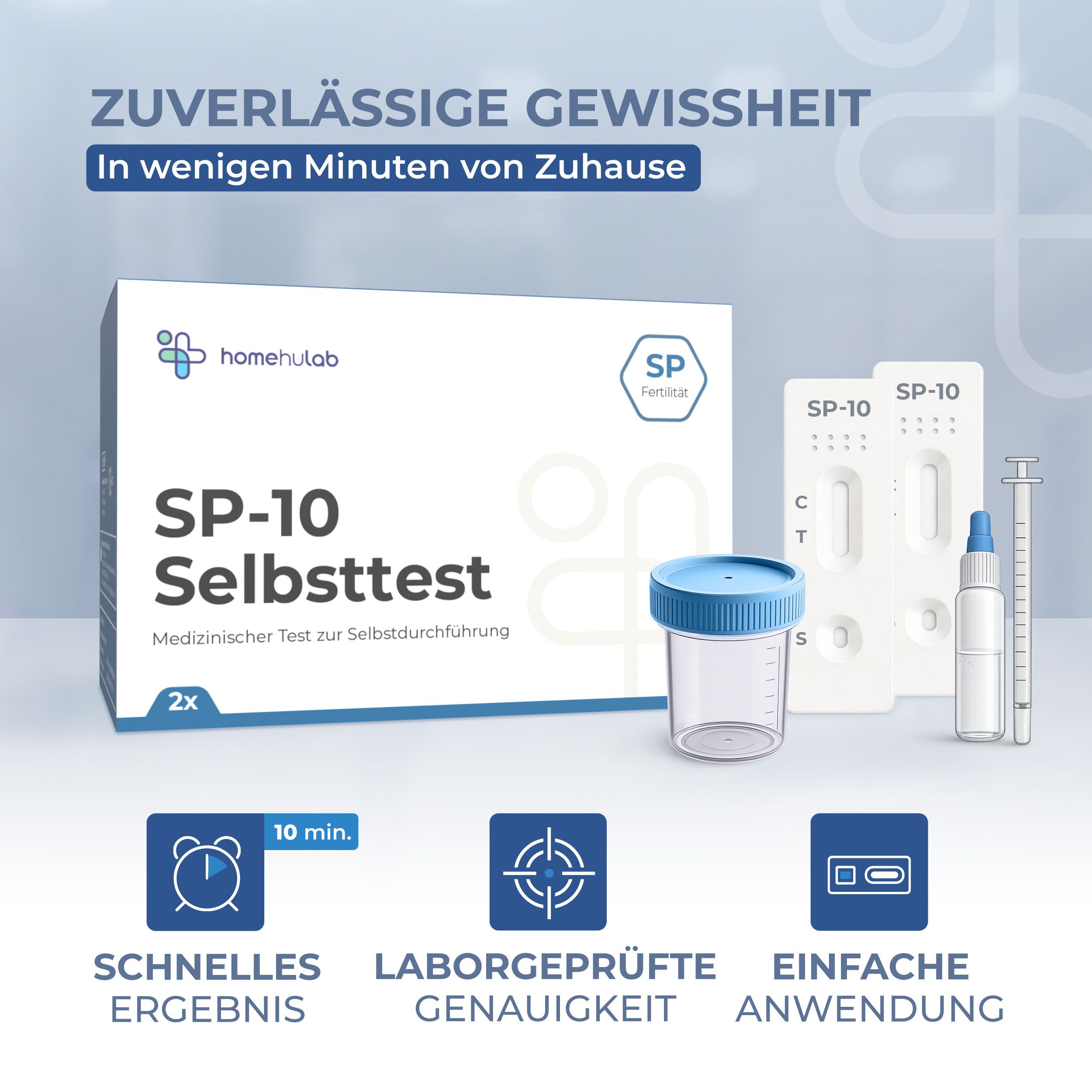 SP-10 Selbsttest-Packung mit Zubehör. Logo HomeHuLab. Schnelles Ergebnis, einfache Anwendung.
