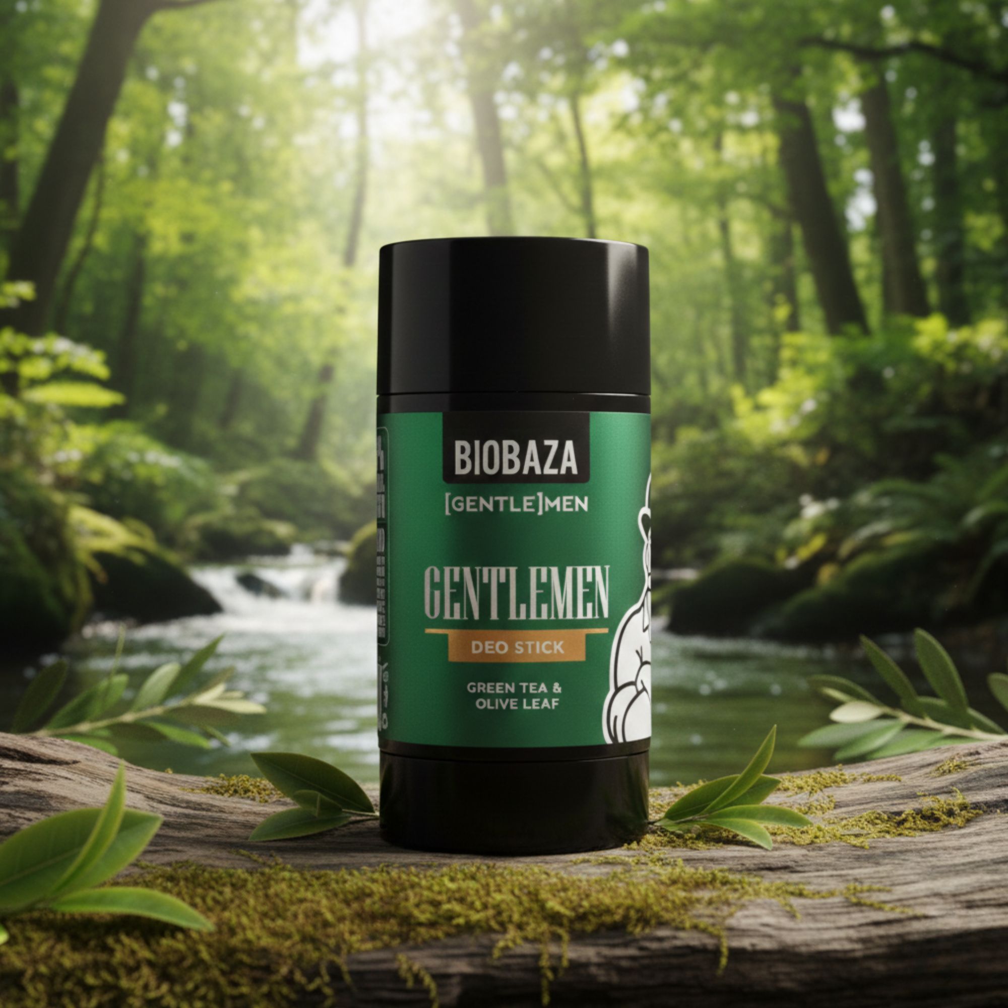Deo-Stick mit schwarzem Deckel und grüner Etikette. Aufschrift: BIOBAZA, GENTLEMEN, Deo Stick, Grüntee & Olivenblatt. Auf einem Baumstamm.