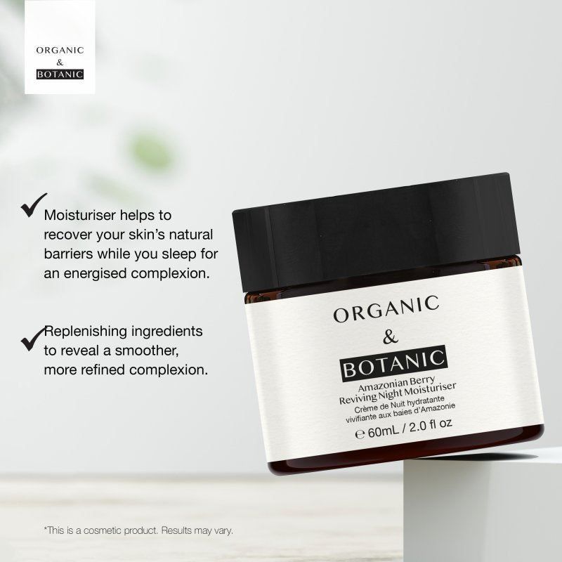 Organic & Botanic Nachtcreme mit Amazonasbeerenextrakt auf einem Podest.
