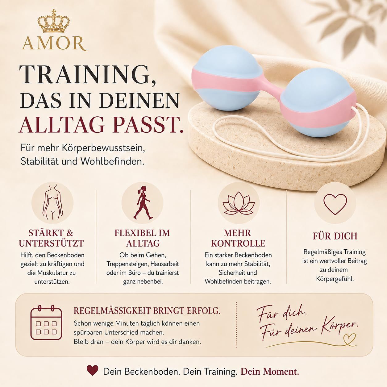 Duo-Beckenbodenkugel mit Schnur, weiß und lila, auf Podest.